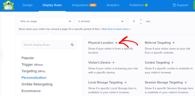 Seleccionar regla de visualización de ubicación física Select physical location display rule