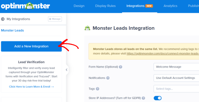 Añadir integración Click add a new integration