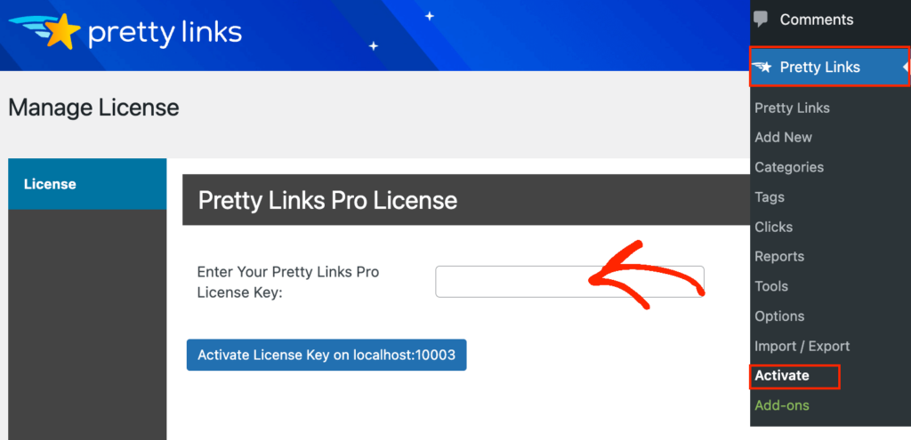 Mengaktifkan plugin Pretty Links WordPress Activating the Pretty Links WordPress plugin