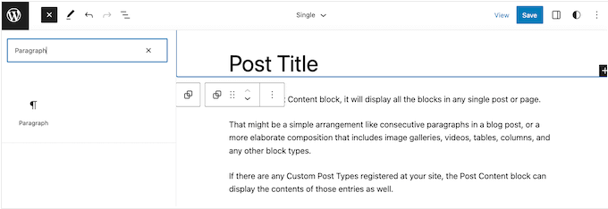 Menambahkan blok Paragraf ke templat situs lengkap Adding a Paragraph block to a full-site template