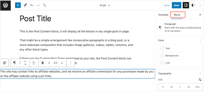 Menata penafian afiliasi menggunakan editor berbasis blok WordPress FSE Styling affiliate disclaimers using the WordPress FSE block-based editor