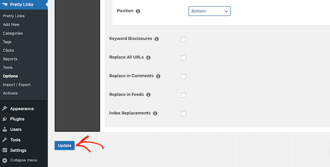Menyimpan pengaturan Pretty Links Anda Saving your Pretty Links settings