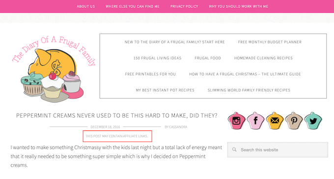 Contoh penafian afiliasi di blog An example affiliate disclaimer on a blog