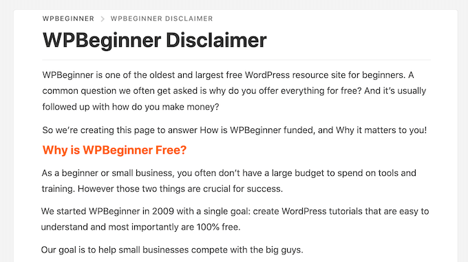 Halaman penafian afiliasi WPBeginner The WPBeginner affiliate disclaimer page
