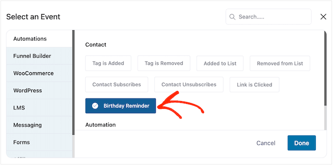 FunnelKit'in doğum günü hatırlatma tetikleyicisini seçme Selecting FunnelKit's birthday reminder trigger