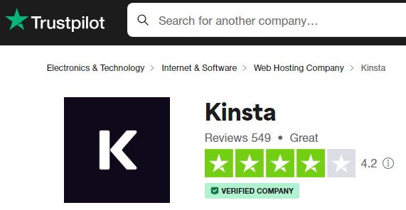 Kinsta TrustPilot-Bewertung