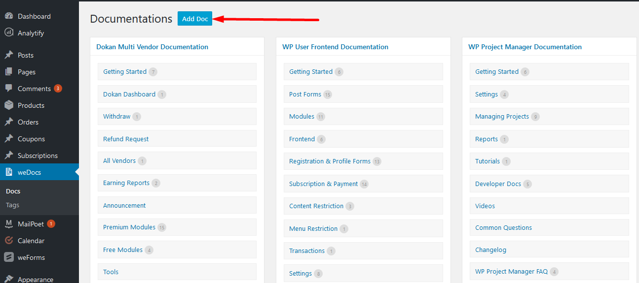 Esta é a visão de back-end do plug-in weDocs