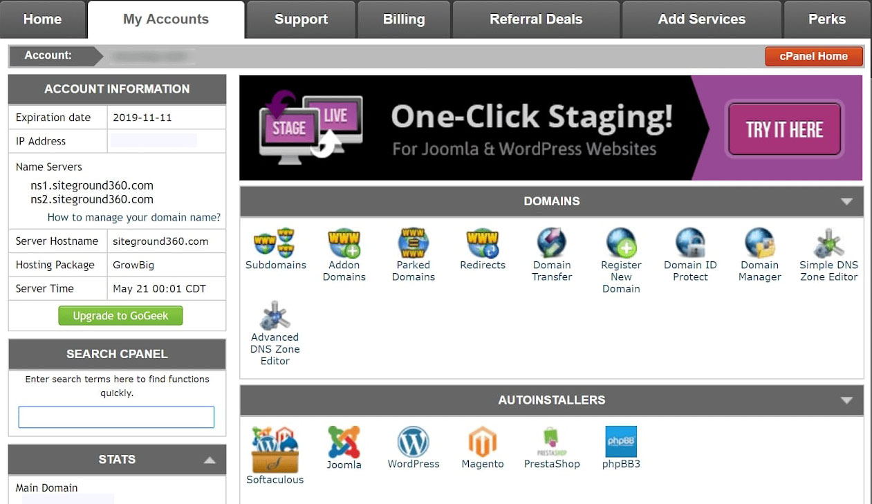 SiteGround cPanel 仪表板