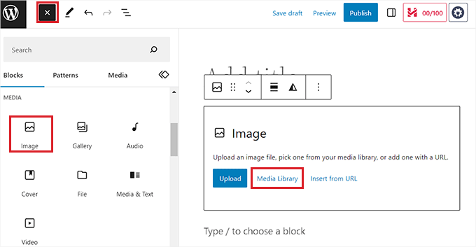 在帖子中添加圖像塊 Add image block to the post
