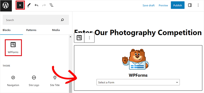 找到並添加 WPForms 塊 Locate and add the WPForms block