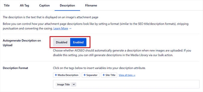 啟用描述切換並配置其智能標籤 Enable the Description toggle and configure its smart tags