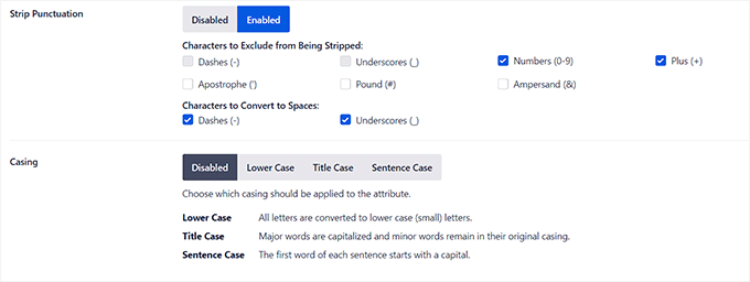 條帶標點符號和大小寫設置 Strip punctuation and casing settings