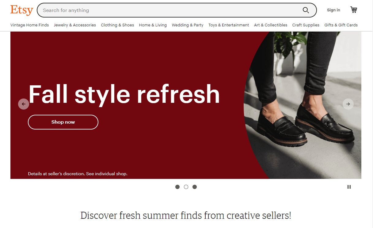 Home page di Etsy per rispondere a quanto costa vendere su Etsy.