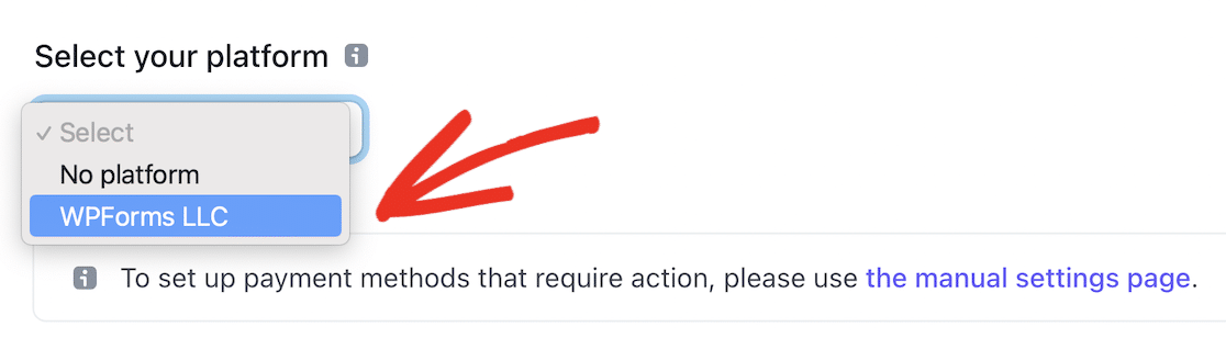 Select WPForms LLC as payment platform
