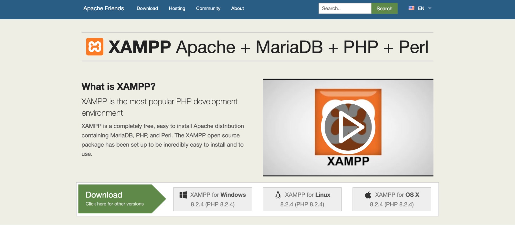 包含下載選項的 XAMPP 主頁
