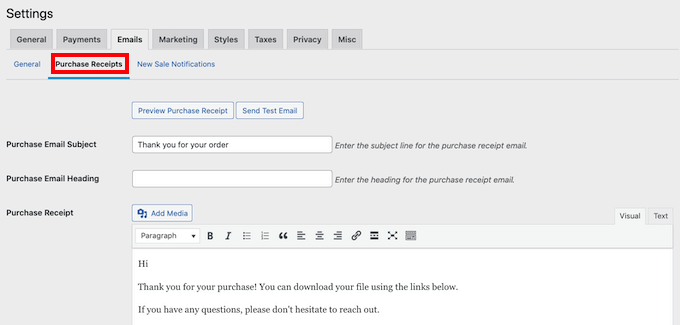 購入レシートメールのカスタマイズ Customizing the purchase receipts email