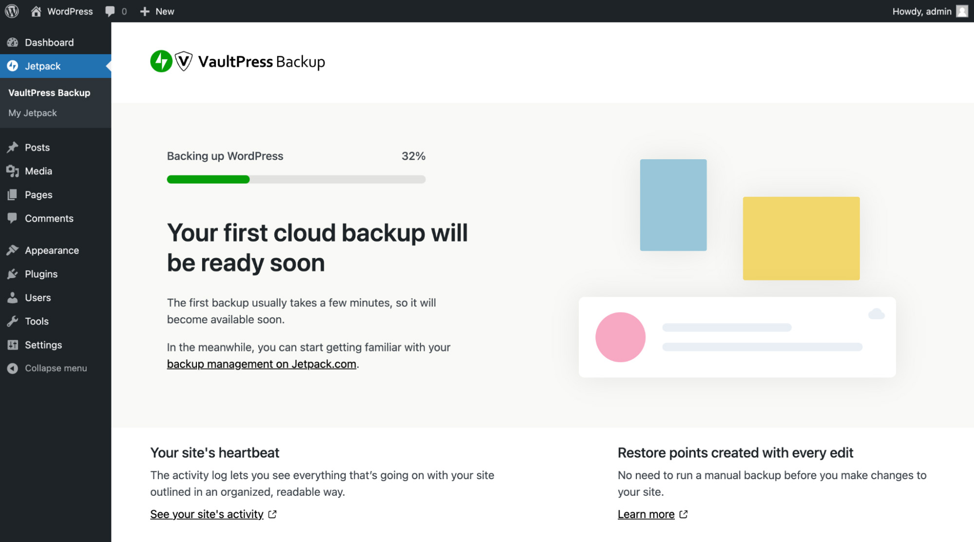 Получите доступ к Vaultpress, перейдя к Jetpack, затем к Vaultpress Backup с панели управления WordPress.