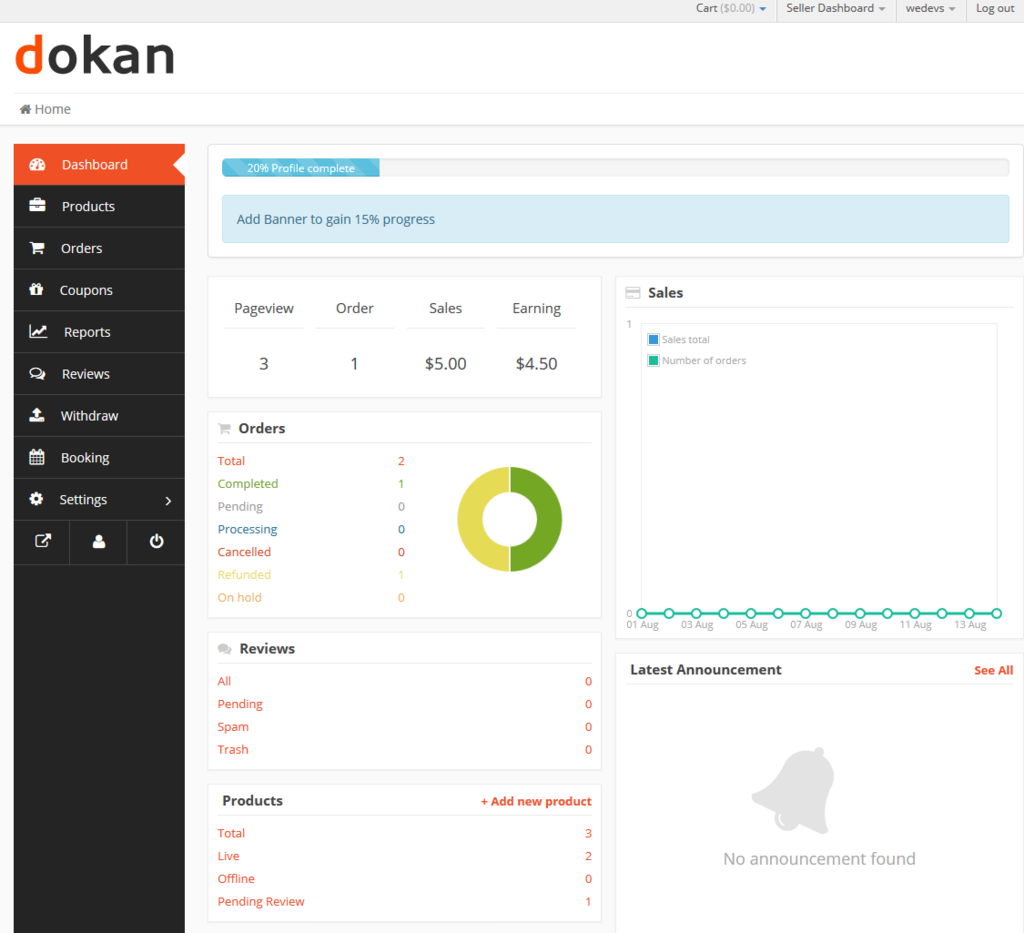 dokan ベンダー ダッシュボードのスクリーンショット