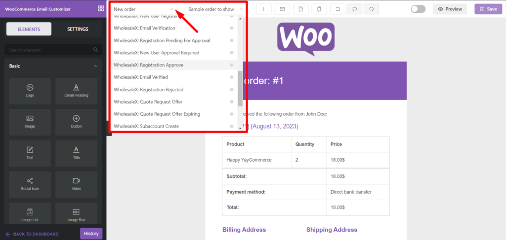 Przedstawiamy integrację WholesaleX YayMail 8 YayMail Email Template Selection