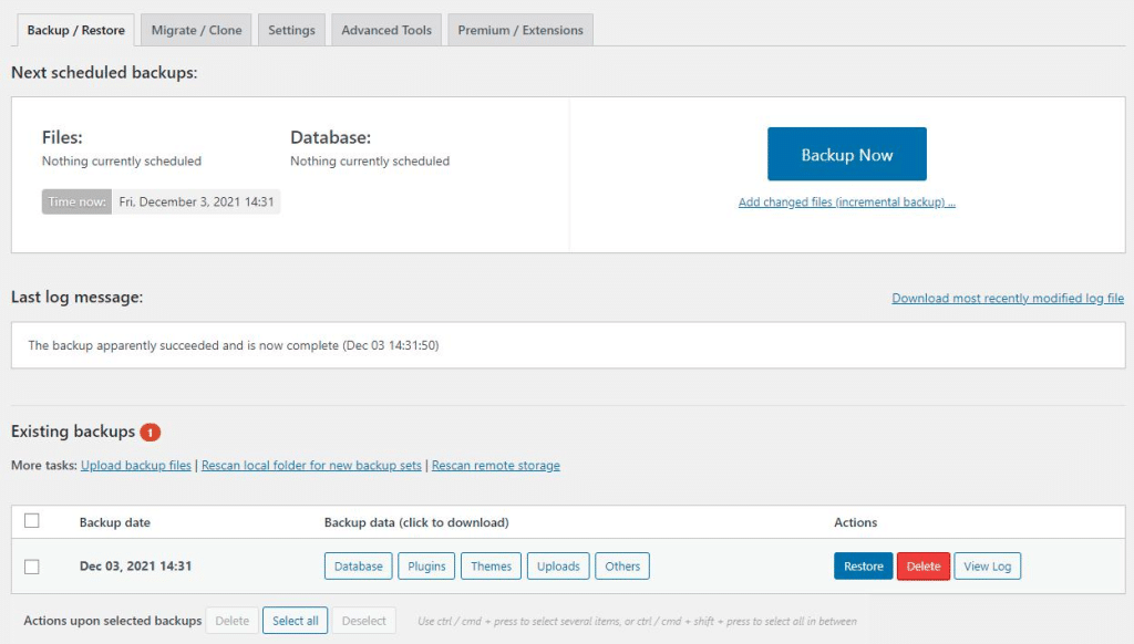 Console principale UpdraftPlus - Fonte: UpdraftPlus