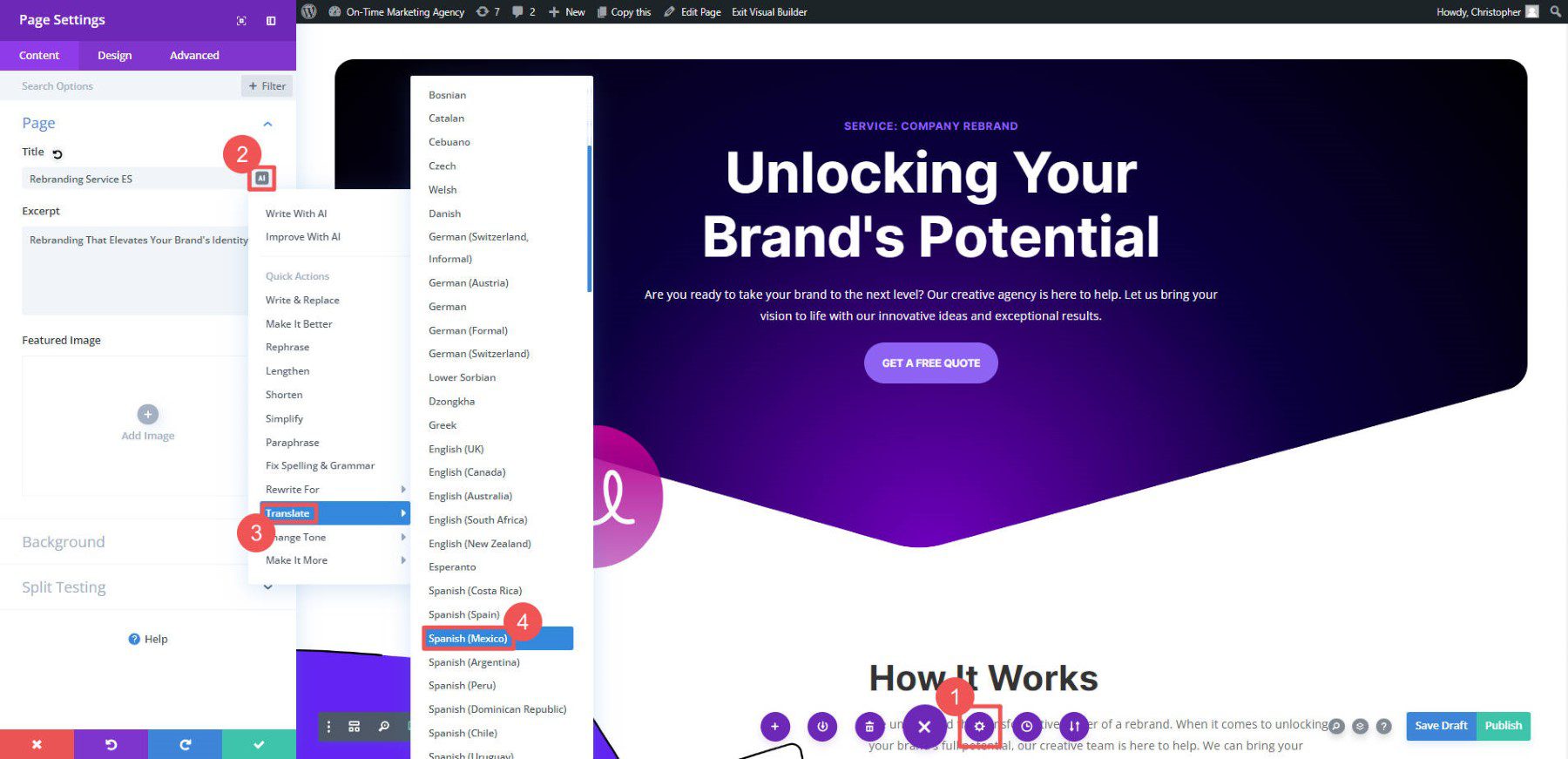 Divi AI Çeviri Web Sayfası - Adım 1-4
