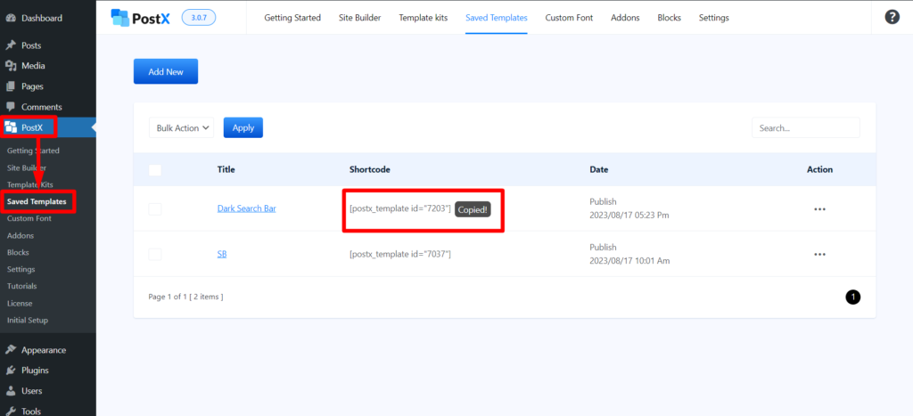 WordPress 메뉴 13에서 검색 창을 추가하는 방법 Copy Shortcode for Search Template