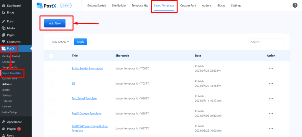 WordPress 메뉴 10에서 검색 창을 추가하는 방법 Create New PostX Saved Template
