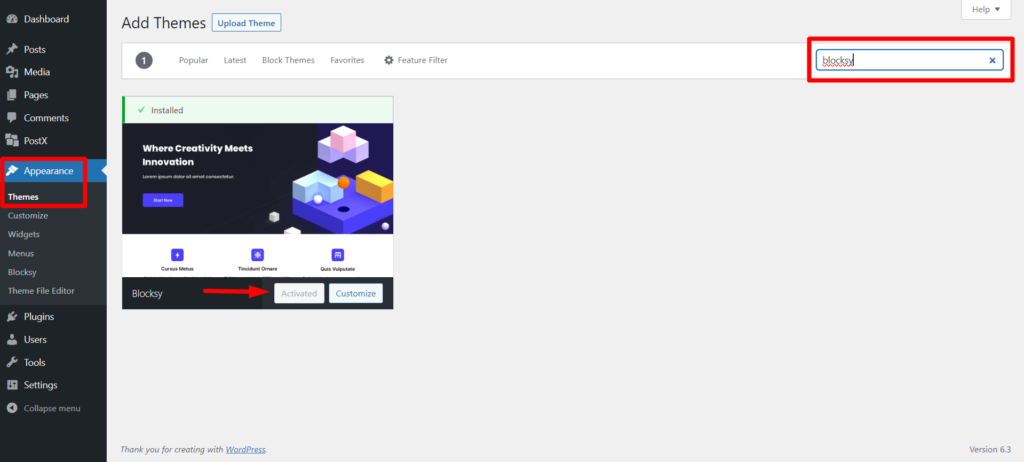 WordPress 메뉴 2에서 검색 창을 추가하는 방법 Activate Blocksy Theme