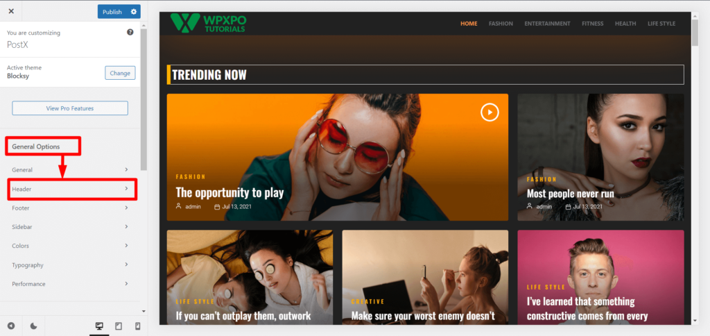 WordPress 메뉴 3에서 검색 창을 추가하는 방법 Blocksy Theme Customizer