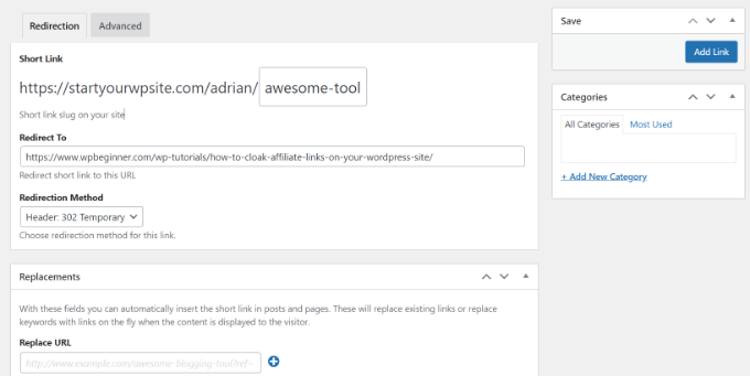 Предварительный просмотр настроек сокращения URL URL shortener settings preview