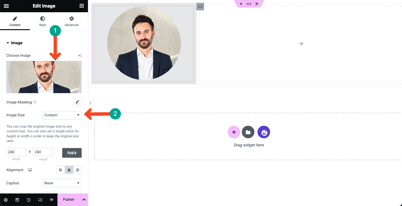 Как создать веб-сайт-резюме путем перетаскивания (Elementor) 9 Add Image and size it