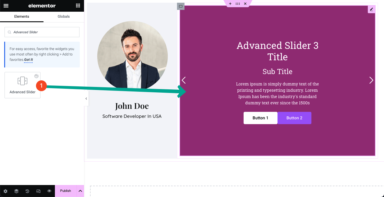 Как создать веб-сайт-резюме путем перетаскивания (Elementor) 12 Drag and drop the Advanced Slider widget