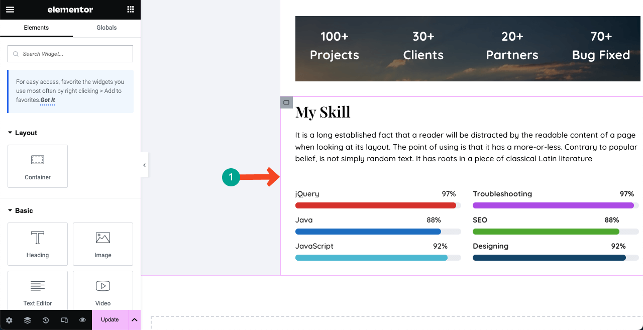 Как создать веб-сайт-резюме путем перетаскивания (Elementor) 19 Show your skills using the skill bar