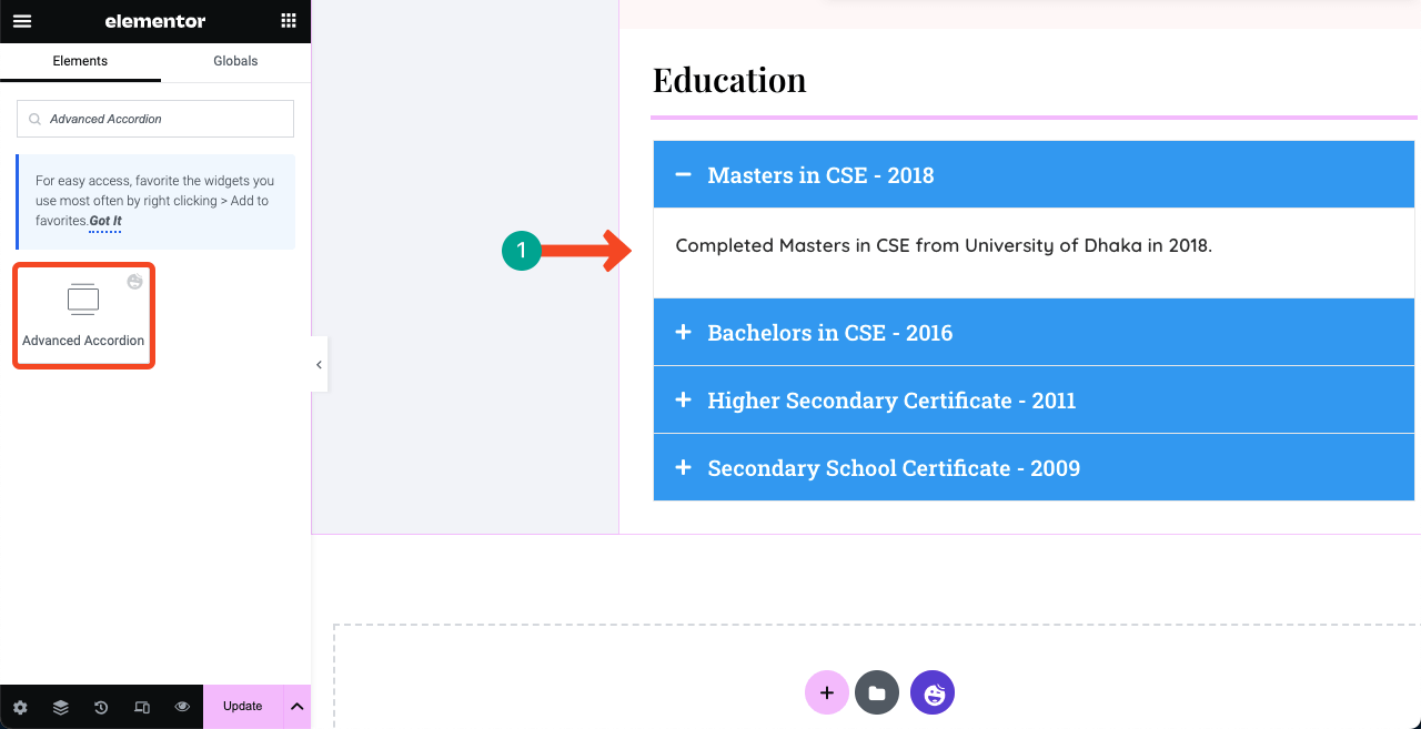 Как создать веб-сайт-резюме путем перетаскивания (Elementor) 21 Show your educational background