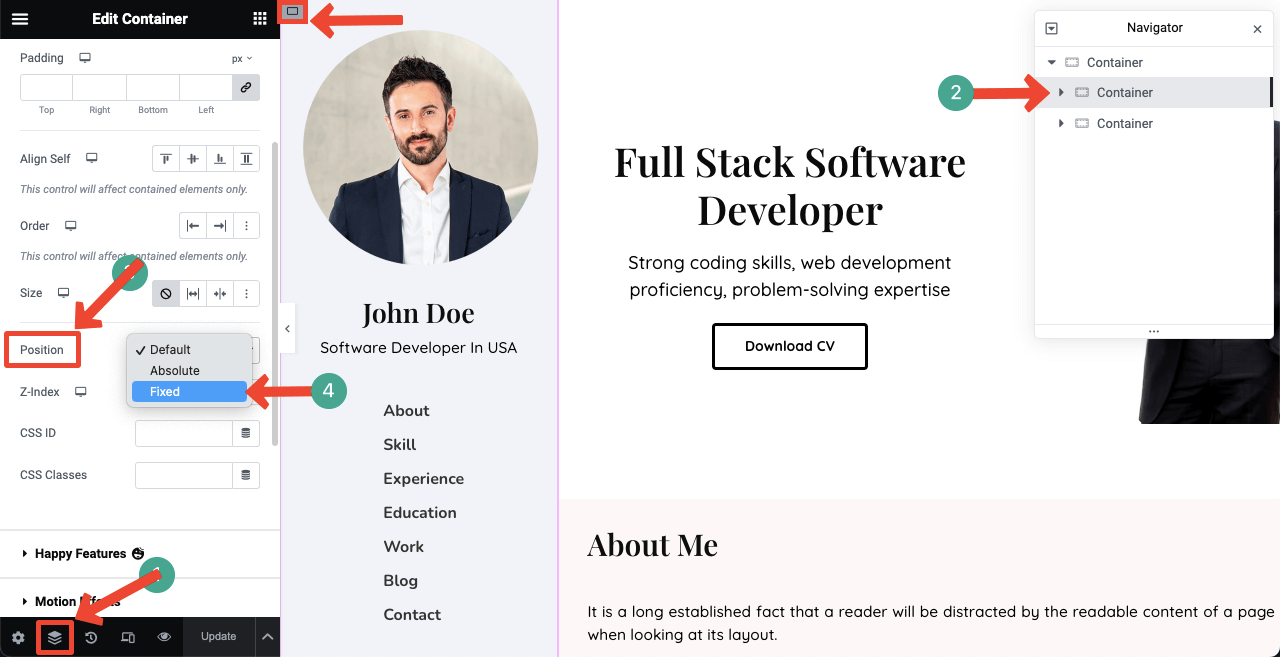 Как создать веб-сайт-резюме путем перетаскивания (Elementor) 29 Make the Right Sidebar Sticky