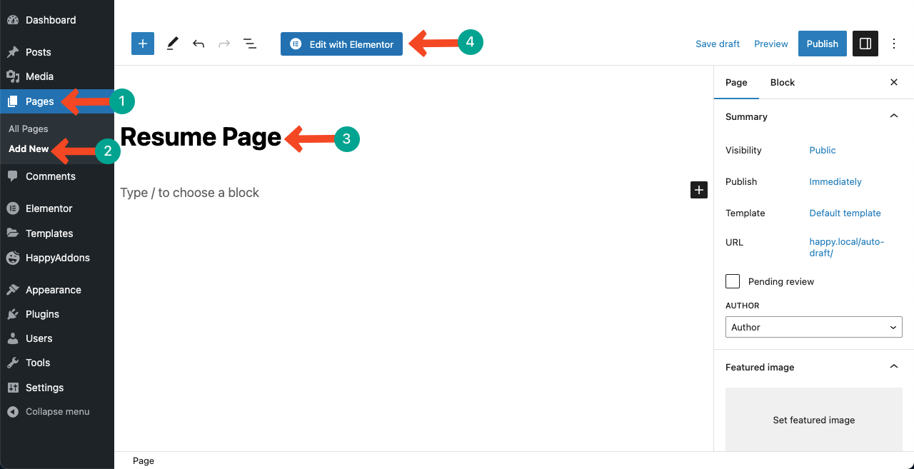 Как создать сайт-резюме путем перетаскивания (Elementor) 4 Open a new page with Elementor