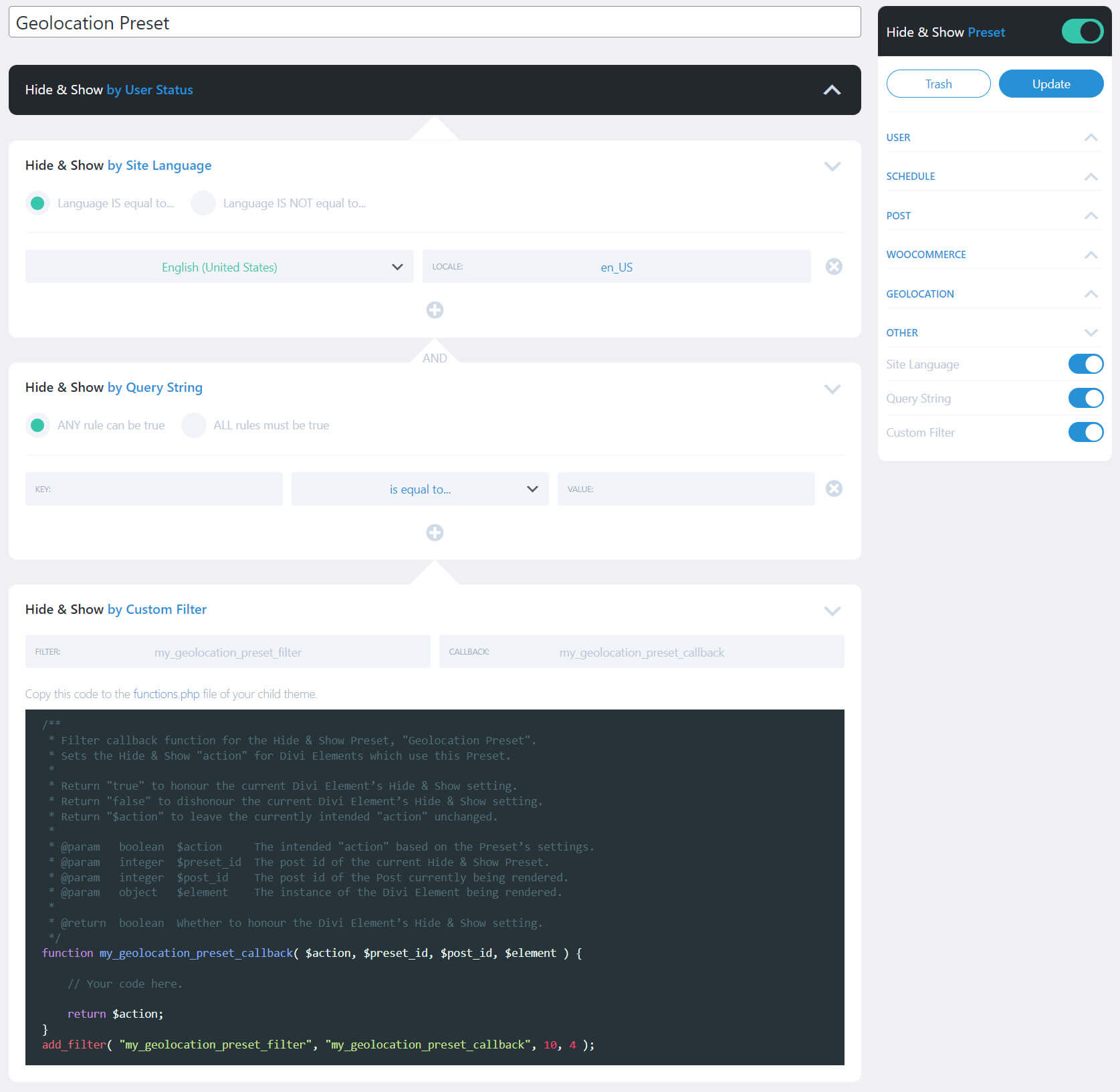 Nascondi e mostra WooCommerce