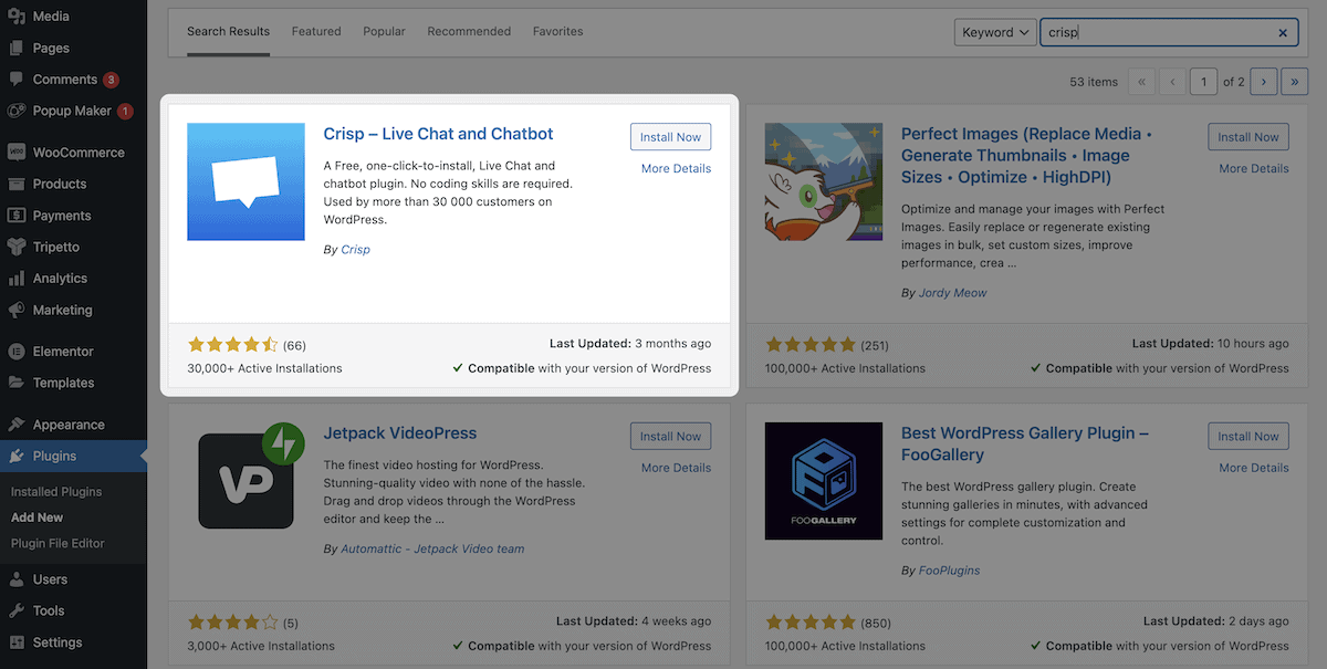 L’écran Ajouter de nouveaux plugins dans WordPress qui affiche le plugin compagnon Crisp.