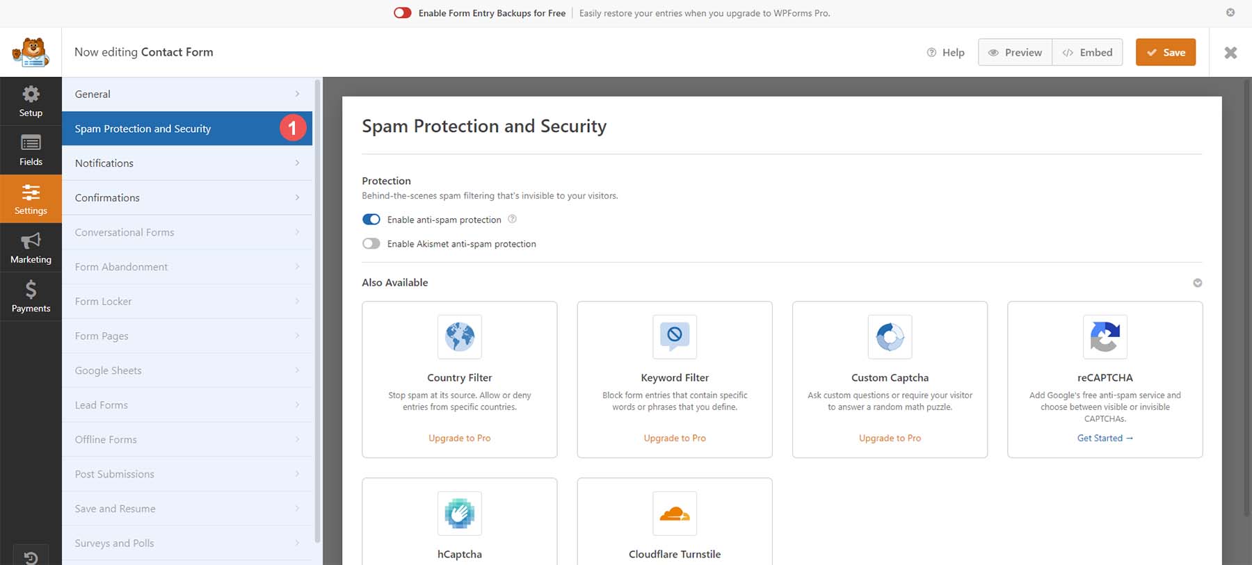 WPForms 的垃圾邮件和保护选项