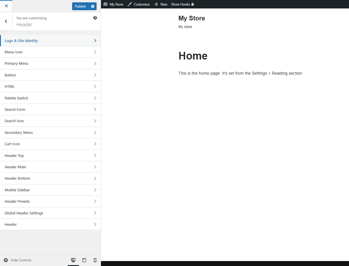 WordPress-Customizer mit in der Seitenleiste sichtbaren Neve-Einstellungen.
