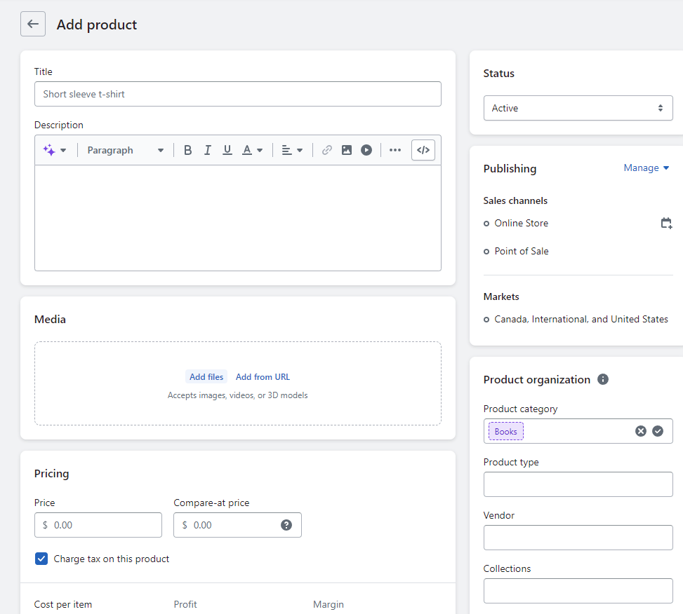 Shopify-Produkteinrichtungsbereich für den Vergleich zwischen Shopify und WooCommerce.