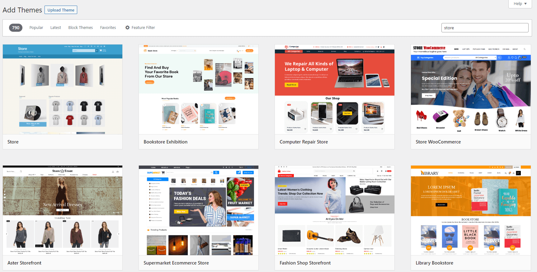Suchergebnisse der WordPress-Themebibliothek für „Store“, für den Vergleich von Shopify und WooCommerce.