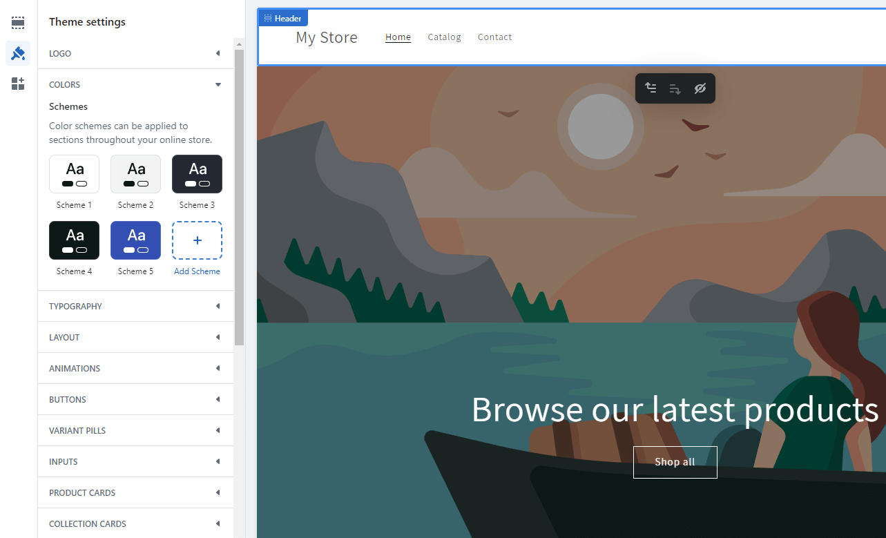 Shopify-Theme-Einstellungen mit geöffnetem Bereich „Farben“.