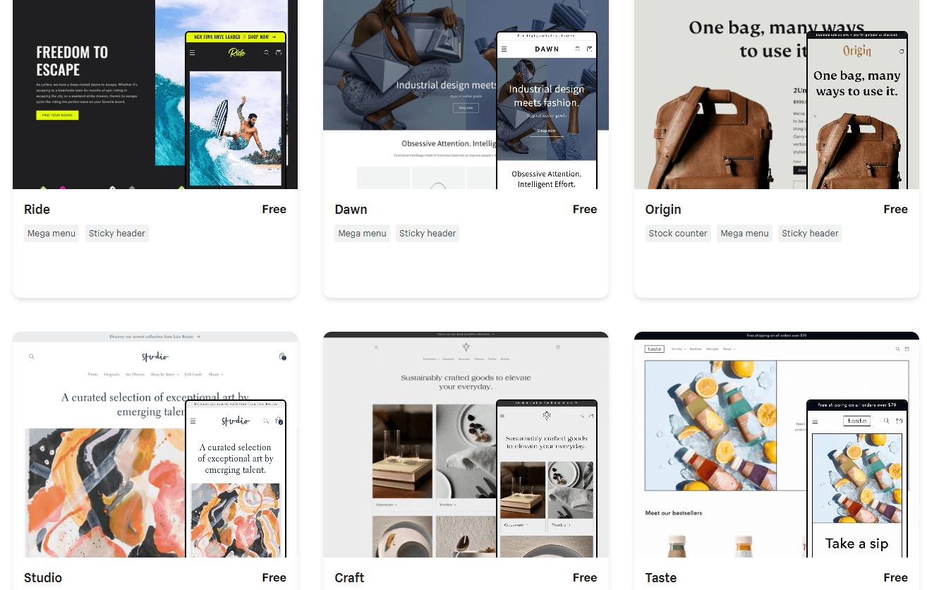 Kostenlose Themes von Shopify, Beispiel für den Vergleich zwischen Shopify und WooCommerce.