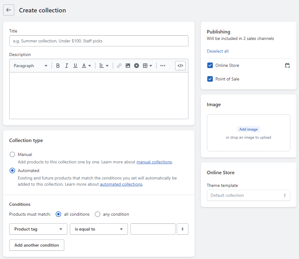 Einrichtung der Shopify-Sammlung für den Vergleich zwischen Shopify und WooCommerce.