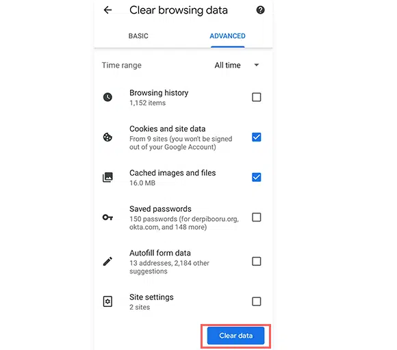 Chrome 브라우저에서 ERR_ADDRESS_UNREACHABLE을 수정하는 방법은 무엇입니까? (11개 방법) 6 Clear chrome data on Android device