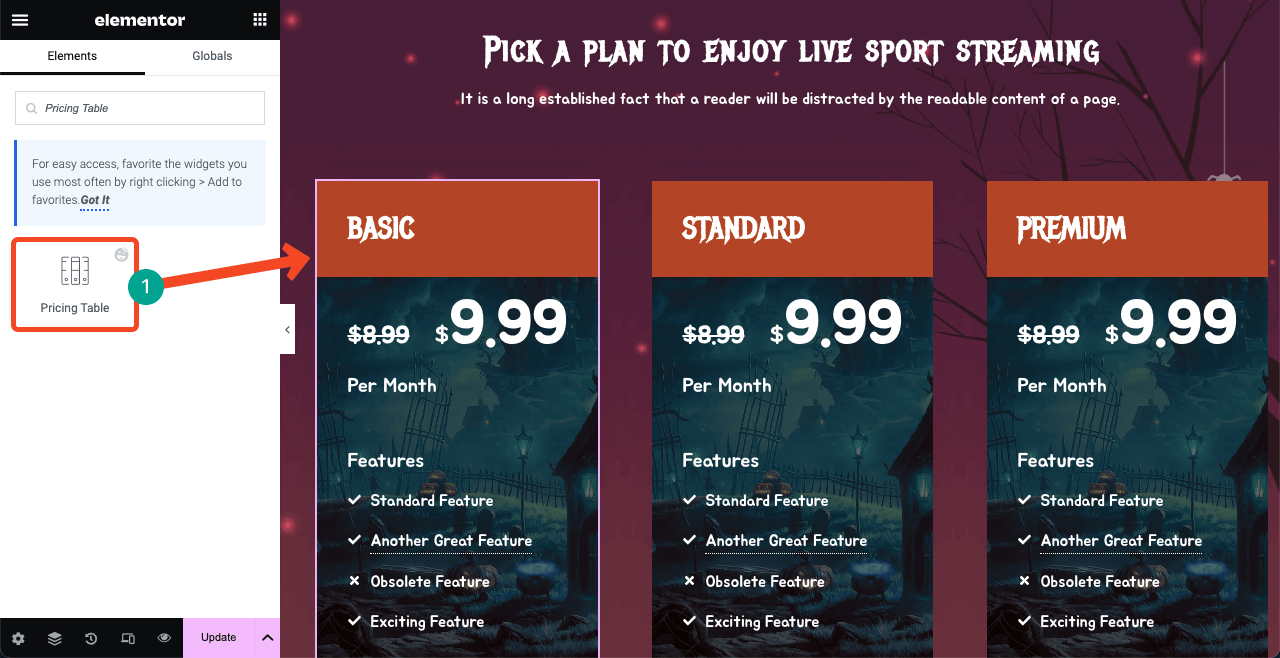 Add a pricing table to the Halloween page