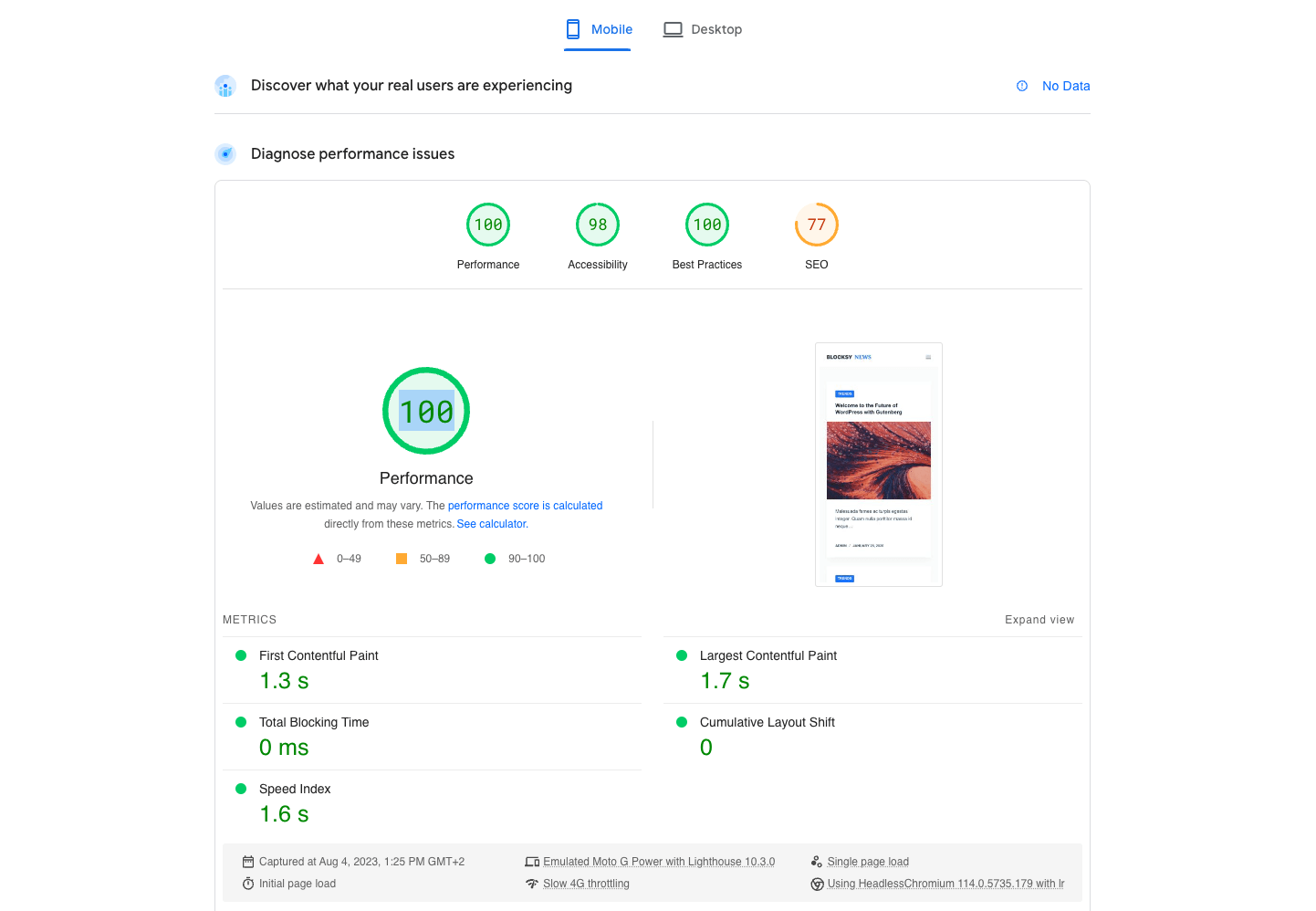 Blokowe wyniki wydajności dzięki PageSpeed Insights.