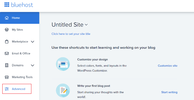 Bluehost'ta gelişmiş ayarları açın Open advanced settings in Bluehost