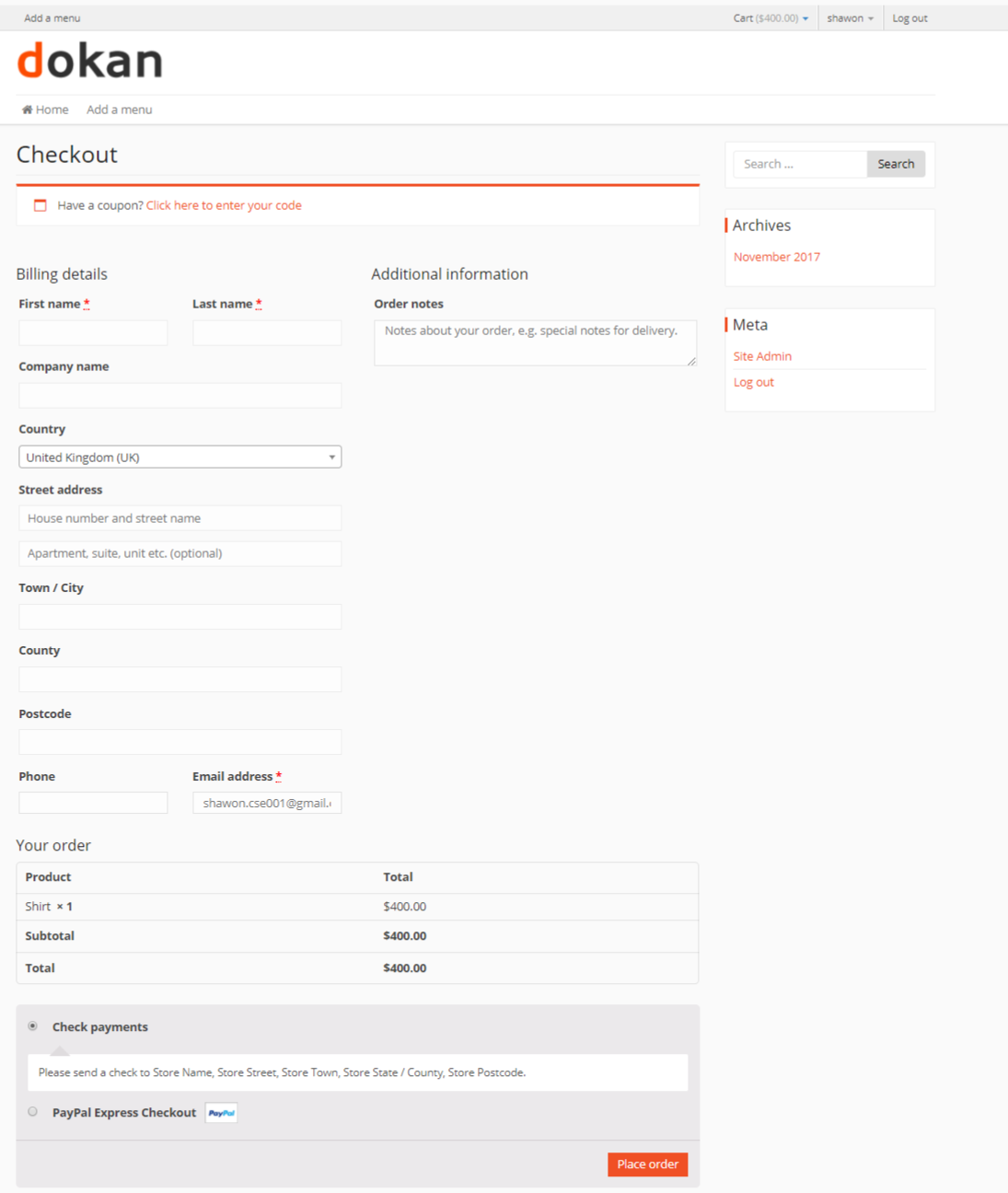 To jest zrzut ekranu domyślnej strony realizacji transakcji WooCommerce
